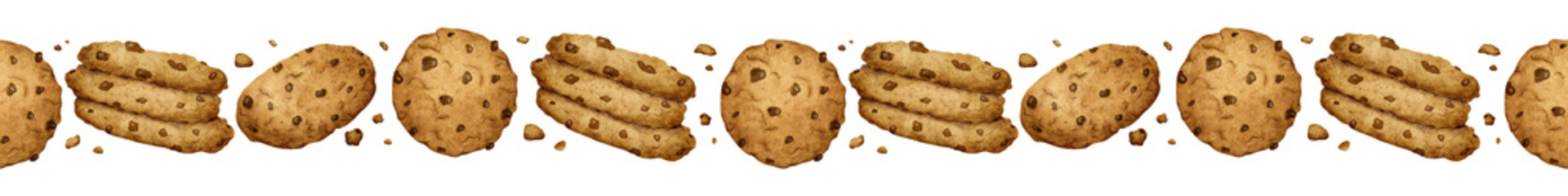 Chocolate chip cookies. Isolated watercolor seamless border with homemade biscuits. Bakery products. For design of labels and packaging, cards, logo for the bakehouse and bakeshop.