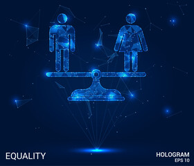 The hologram is equality. A man and a woman on a scale of polygons, triangles of dots and lines. Equality is a low-poly compound structure. Technology concept vector.
