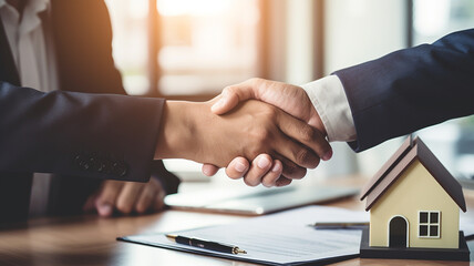 Close up estate agent shaking hands with buyer after signing the house contract in office