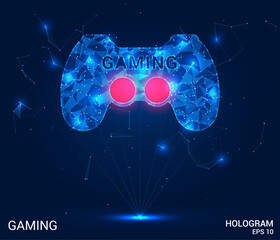 Hologram gaming. A gamepad made of polygons, triangles of dots and lines. Gaming is a low-poly compound structure. Technology concept vector.