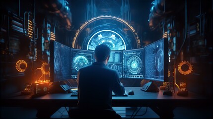 a person in cperson, computer, room, desk, chair, keyboard, monitor, technology, workspace, screen,...