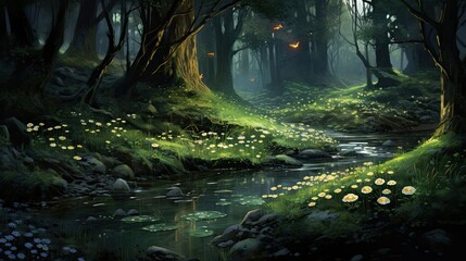 Woodland glade with a bubbling brook and mesmerizing fireflies, offering a serene retreat amidst nature's charm. Peaceful glade, bubbling brook, mesmerizing fireflies. Generated by AI. - obrazy, fototapety, plakaty