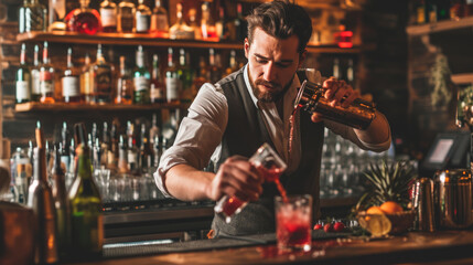 Bartender is pouring a cocktail into a glass
