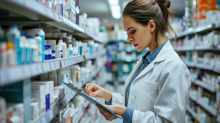 Female pharmacist or healthcare professional taking inventory or reviewing a clipboard in a pharmacy with shelves stocked with various medications. - obrazy, fototapety, plakaty