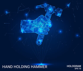 A hologram of a hand holding a hammer. A hand holding a hammer made of polygons, triangles of dots and lines. The hand holding the hammer has a low-poly joint structure. Technology concept vector.