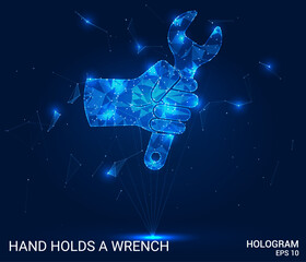 A hologram in the hand of a wrench. In his hand is a wrench made of polygons, triangles of dots and lines. The hand holding the wrench is a low-poly joint structure. Technology concept vector.