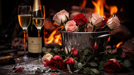 Red roses and champagne, Valentine day special background. Created with Ai