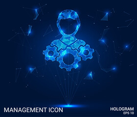 Hologram management. The management icon consists of polygons, triangles of points and lines. The silhouette of the man and the gears are a low-poly joint structure. Technology concept vector.