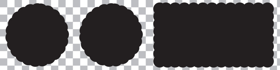 Scallop edge shapes - circle, square, oval, modern brutalism forms. Retro vawe swiss design elements with frill border. Vector illustration of aesthetic futuristic figures