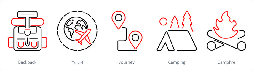 A set of 5 Adventure icons as backpack, travel, journey