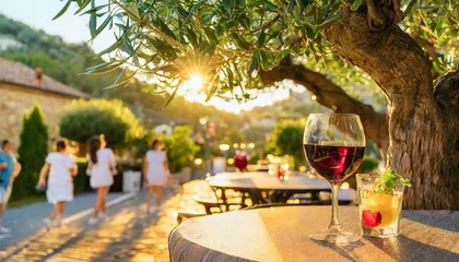 Foto op Plexiglas Voyage et tourisme lors d'un séjour ou vacances d'été sur la place un joli village du sud de la France, détente et loisirs devant un verre à profiter du soleil estival © -Y4NN-