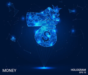 The hologram is money. In his hand is a bag of money made of polygons, triangles of dots and lines. Money is a low-poly compound structure. Technology concept vector.