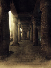 Fantasy corridor in an old Egyptian temple with columns and hieroglyphs. Made from 3d elements and painted parts. No AI used. The image is not a real place  - it's a set of 3d objects. - obrazy, fototapety, plakaty