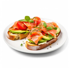 Two delicious bruschetta with salmon and avocado, on transparency background PNG