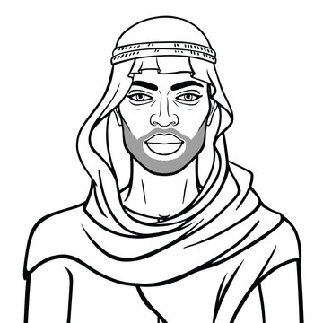 Animation portrait of beautiful African man in a keffiyeh. Linear drawing. Vector illustration isolated on a white background.	