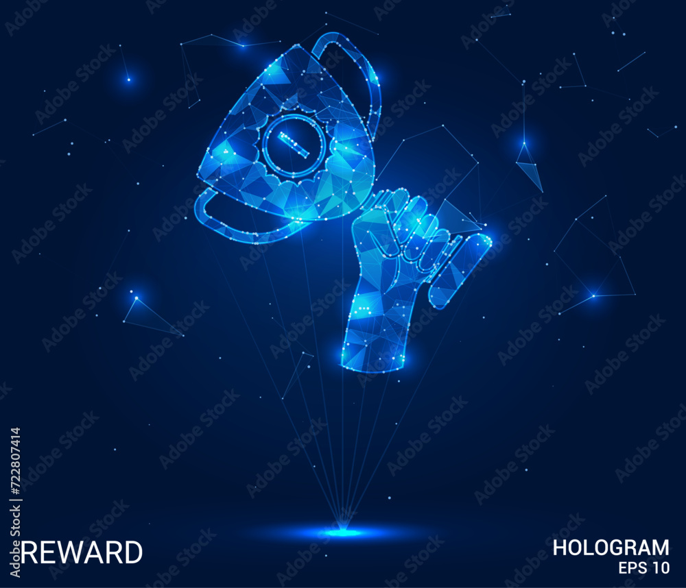 Wall mural the hologram is a reward. the reward in the hand consists of polygons, triangles of dots and lines. 