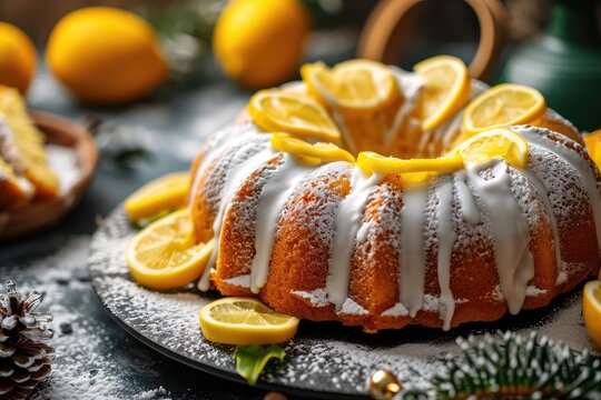 Ring lemon cake, Ciambella, Christmas bundt dessert, traditional pastry babka, easter sponge pie with icing