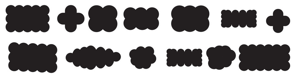 Scallop edge shapes - circle, square, oval, modern brutalism forms. Retro vawe swiss design elements with frill border. Vector illustration of aesthetic futuristic figures