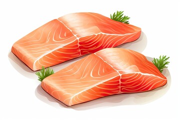 Slices of Raw Salmon Fillet Isolated on White Background, Thick Pieces of Fresh Red Fish or Trout