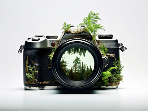a camera with plants on it