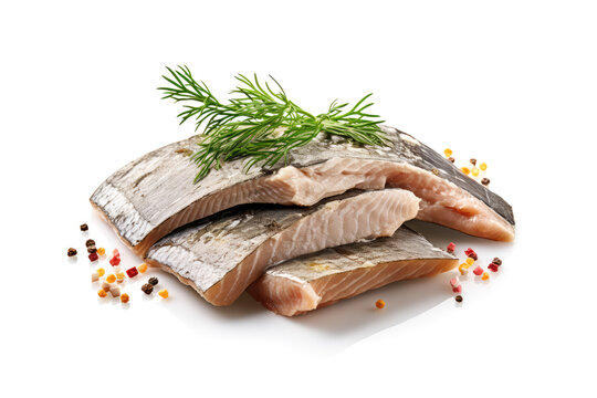 Salted Herring Fillet Isolated, Raw Pickled Fish Meat, Marinated Herring on White Background