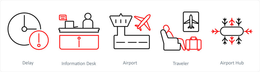 A set of 5 Airport icons as delay, information desk, airport