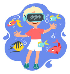 Kids virtual reality. Happy boy with VR glasses. Innovation augmented technology. Underwater nature and fish interactive studying. Cyberspace simulation. Futuristic travel. Vector concept