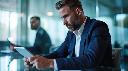 Fototapeta premium Focused man in a suit and tie, holding and looking intently at a tablet, sitting at a glass table in a modern office setting