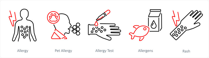 A set of 5 Allergy icons as allergy, pet allergy, allergy test