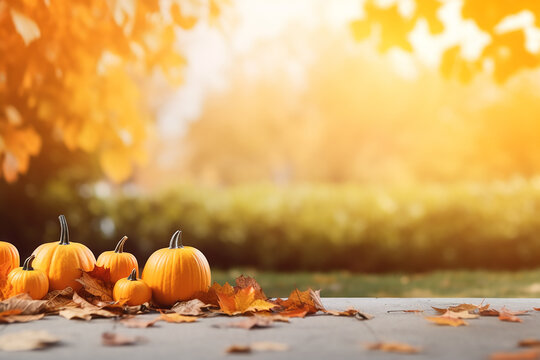 Generative AI Image of Autumn Background with Pumpkins and Leaves in the Park