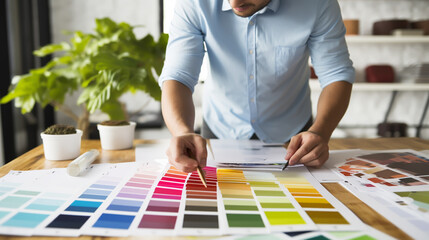 Concentrated young handsome man engineer designer with color palettes for construction business, industry