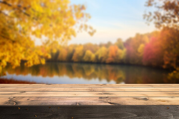 Naklejka na ściany i meble Generative AI Image of Autumn Fall Season Background with Lake River Landscape in Bright Day