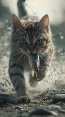 a running cat, a fish-stealing cat