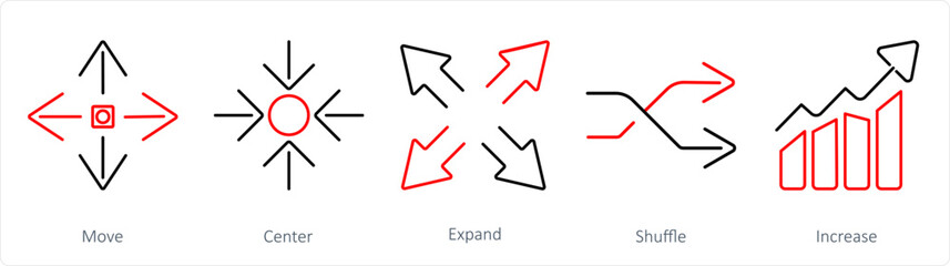 A set of 5 arrows icons as move, center, expand