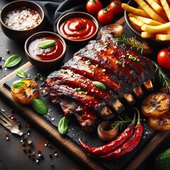 Hot grilled spare ribs with barbecue sauce on cutting board and black background - obrazy, fototapety, plakaty