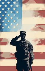 A patriotic soldier saluting in front of an American background