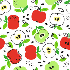 Vector hand drawn seamless pattern in a doodle style. Red and green apples on white background