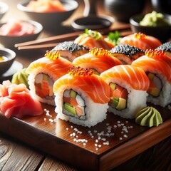 Salmon and rice sushi rolls on wooden table at restaurant