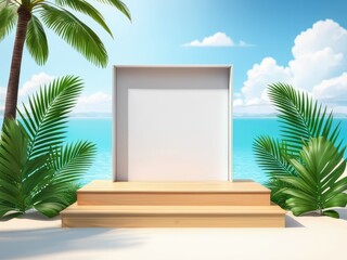 A 3D rendering of a boxed podium adorned with palm leaves against a backdrop evoking a summer atmosphere 