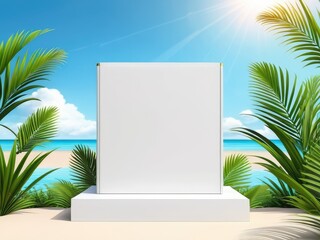 A 3D rendering of a boxed podium adorned with palm leaves against a backdrop evoking a summer atmosphere 