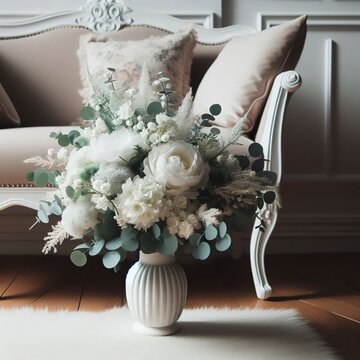 tender white bouquet stands on a little sofa