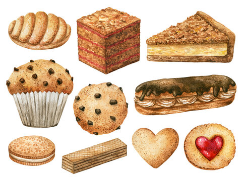 Set of confectionery products. Baking eclec in chocolate, cookies with chocolate, cakes, waffles, heart shaped cookies, illustrations drawn in watercolor for menu, label, packaging, bakery or cafe