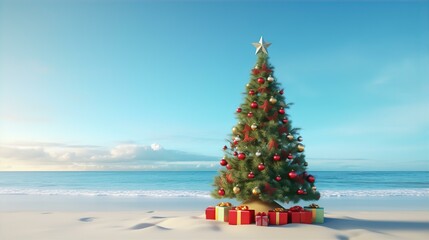 christmas, tree, beach, gift box, holiday, sand, celebration, presents, festive, ocean, tropical, joy, waves, ornaments, sunlight