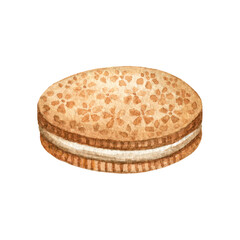 One cute round sandwich cookie. Pastries drawn in watercolor, illustration for menu, label, packaging, bakery or cafe isolated on white background
