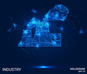 The hologram industry. Cooling towers made of polygons, triangles of points and lines. Factory low-poly compound structure. Technology concept vector.