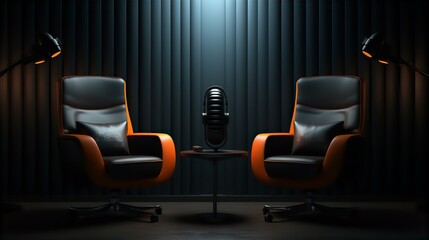 podcast, live, interview, room, chairs, microphones, isolated, dark background, studio, recording, conversation, broadcasting, communication