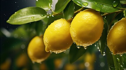 lemons, tree, water droplets, hanging, bunch, citrus, fruit, yellow, fresh, vibrant, green, nature