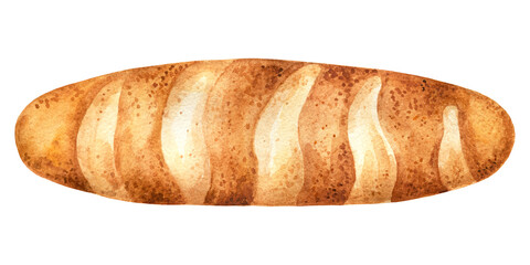 French baguette. Baking bread drawn in watercolor, illustration for menu, label, packaging, recipes, bakery or cafe isolated on white background