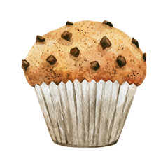 Muffin with chocolate chips. Pastries drawn in watercolor, illustration for menu, label, packaging, bakery or cafe isolated on white background