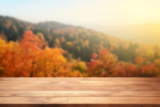 Generative AI Image of Nature Landscape Background with Empty Wooden Table in Autumn Season